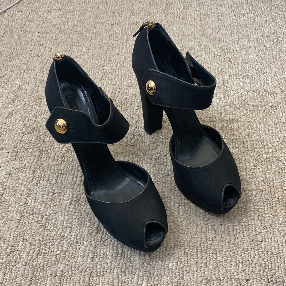 Louis Vuitton Nubuck Gold Button D’Orsay Platform Peeptoe Block Heel Sandal 41 - Picture 5 of 13